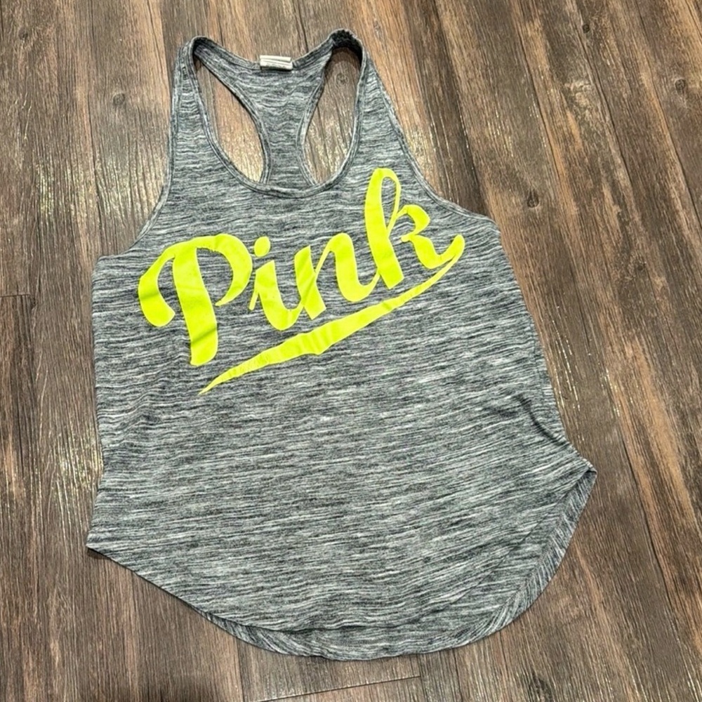 PINK Victoria’s Secret Racerback Tank Top | Neon Logo | Gray | Size Small